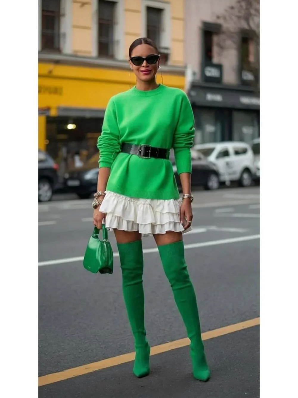Women's Green Pointed Toe Synthetic High Heel Stretch Over The Knee Knit Boots